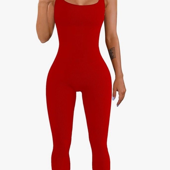 Seamless red ribbed unitard tank top leggings romper women's size Small - Picture 2 of 6